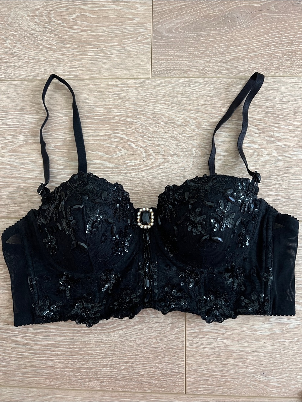 Marciano Black Lace Sequin & Beaded Longline Balconette Bra Top